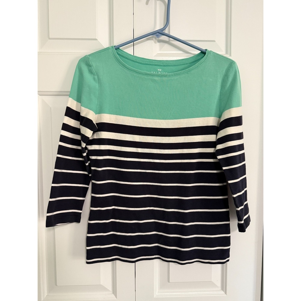 Talbots Womens Small 100% Cotton Striped Shirt Top‎ Teal Striped 3/4 Sleeve
